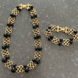 Vintage Gold and Black Bead Necklace and Earring Set